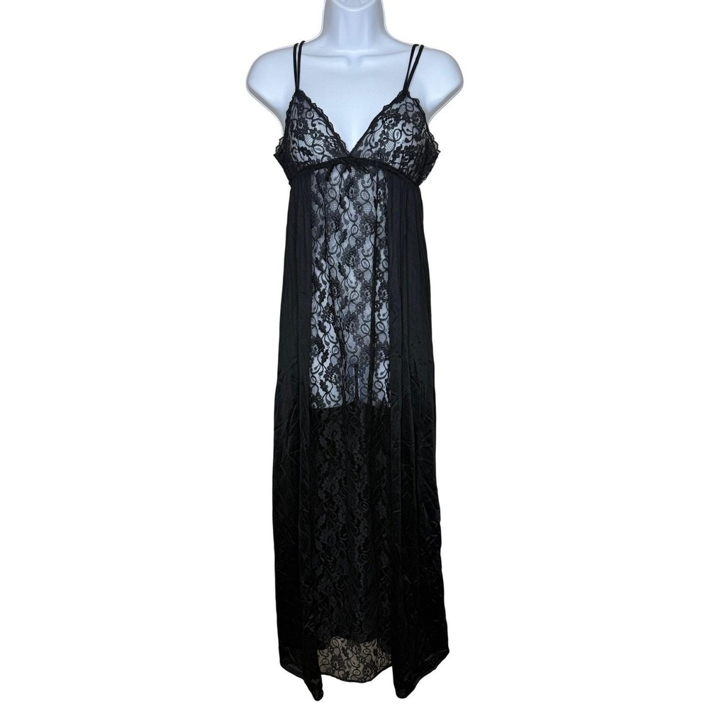Jill Andrea Vtg Sheer Black Lace Babydoll Maxi Slip Dress Lingerie Romantic Sz M